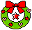 Pixelated green wreath with red bow, pink hearts, and red stars on gray background; two variations show star color changes.