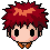 Pixel art contact sheet of three animated frames showing a chibi character with spiky red hair, black eyes, and an orange collar against a gray background.