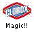Pixelated red and blue fish-shaped icon with 'Magic!!' text below, surrounded by multicolored pixel dots on white background.