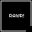 Four black square with white borders display "RAW!" text, each containing a distinct small symbol in the bottom-right corner