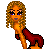 Pixelated character with curly blonde hair and blue eyes in red dress, shifting from side profile to front-facing pose across frames.