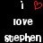 Red heart symbol above two white 'i' characters, with pixelated text reading 'love stephen' below each character on black background.