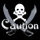 White skull and crossed swords with 'Caution' text on black background, showing animation frames where light effects shift across the image.
