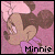 Animated sequence of a cartoon character with brown ears, pink bow, and purple scarf against pink background; text alternates between 'Minnis' and 'Mouse'.