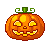 Four pixelated orange pumpkins with green stems, each displaying distinct facial expressions against a gray background.