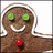 Pixelated gingerbread man with green eyes, white smile, red button, and white icing details on a white background.