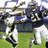 Pixelated image of a football player in dark jersey and white pants running on grass, with blue background text reading LADAINIAN TOMLINSON.