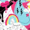 A static icon featuring a rainbow, clouds, a black piano, pink heart-shaped objects, and a blue circular shape with black symbols.