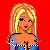 Pixelated cartoon woman with blonde hair and blue top against red background, text reads 'DontAt yell me.. AT OR bf !!' in white block letters.