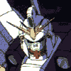 A pixelated anime-style character with green eyes and a white-and-blue helmet, shown in of animation against a dark background