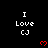 Black background with white text "I Love CJ" repeated in a , red pixelated hearts below each text block, and a gray rectangular overlay in the bottom-right corner