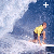 Animated sequence showing a person in yellow shirt and dark shorts on white surfboard against blue wave background, with plus sign changing to X.