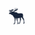 Pixelated dark blue moose silhouette with light gray antlers and legs on white background, standing in profile facing left.