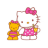 Pixelated static image of Hello Kitty in pink polka-dot dress with a yellow teddy bear wearing pink bow, both standing side-by-side against white background.