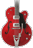 Red electric guitar icon with black pickguard, silver hardware, and white accents on a gray background.