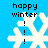 Pixelated blue background with white snowflakes and black text reading 'happy winter !' in four quadrants.