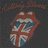 Four distinct versions of a red lips and tongue logo with Union Jack, blue background text, circular text, and plain gray backgrounds.