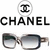 A split-screen icon showing Chanel branding on the left and a person wearing a pink beaded necklace with CC logo charms on the right.