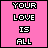Pixel art of pink backgrounds with text variations and small hearts, showing color changes in letters and heart positions across frames