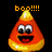 Two pixelated candy corn icons with orange and yellow coloring, each displaying distinct text above them against a black background.