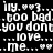 Pixelated text and symbols repeat across a black background, with white text and heart symbols forming a rhythmic pattern.
