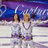 Two figures in white and purple costumes stand with arms outstretched against a blue background, surrounded by pixelated text phrases.