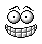 Six pixelated cartoon faces with exaggerated grins displayed in a , each showing distinct eye and eyebrow configurations against a solid gray background