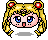 Pixel art of a character with blonde pigtails, red hair accessories, blue eyes, and pink cheeks in four variations showing different head angles.