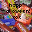 Pixelated image with colorful abstract background and black text reading 'happi halloween! xox' in blocky font.