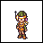 Pixel art character from Chrono Trigger in three animation frames showing different poses and expressions with green headwear, orange-brown outfit, and purple accents.