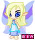 Pixelated fairy avatar with blonde hair, blue eyes, purple wings, and light blue dress stands against gray background; pink 'BEA' text below.