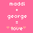 Pixelated text on pink background shows 'maddi + george = love' with heart symbols, where the left version has fainter hearts than the right.
