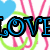 Pixelated text 'LOVE MILI' in blue and green with black outlines, 'PEACE' in pink with black outline, over white background with blue hearts and pink/green swirls.