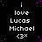 Black background with white text reading 'i love Lucas Michael' and a pixelated '3*' symbol, surrounded by scattered pink dots.
