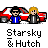 Pixel art animation of two figures in front of a red-and-white car with changing text above and below them.