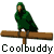 Animated contact sheet of a green parrot mascot on a wooden perch with repeated "Coolbuddy" text below each frame, showing motion across eight sampled frames in 3x3 grid layout.