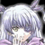 Pixelated anime-style character with light purple hair, green eyes, and a pink garment against a black background.