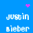 Blue background with white text reading "justin bieber" in four , pink pixelated heart and starburst symbols at top corners