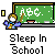 Pixel art animation of a classroom scene with a teacher at a green chalkboard and two students at desks, one sleeping with a skull head, the other awake.
