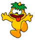 Two yellow cartoon characters with green spiky hair and orange feet, one standing with arms outstretched and tongue out, the other sitting eating noodles from a bowl.
