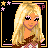 Pixel art character with long blonde hair and pink eyeshadow in multiple poses including full body, close-up head shots, and text-based frames.
