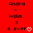 Red background with black text and a white heart symbol; two identical show 'Andra + Halim = 4 ever' with a heart symbol
