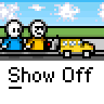 Animated contact sheet of a pixel art buddy icon showing sequential frames with text bubbles and character poses over yellow cars on a road background.