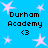 Blue background with white stars and repeated text "Durham Academy <3" in pixelated font.