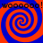 Four identical spiral patterns in red and blue with black text reading "wooooo! woooooo!" at top and bottom.