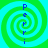 Four identical spiral patterns with alternating green and cyan rings, each containing vertical blue text reading 'Perry' on a solid cyan background.
