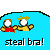 Pixelated cartoon characters in yellow outfits with red accents perform actions under a blue background, each displaying "steal bra!" text