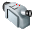 Pixelated silver camera icon with two red dots on top, showing sequential animation frames of the lens opening and closing against a gray background.