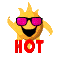 identical pixelated sun icons with pink sunglasses and red 'HOT' text below, each icon has a yellow circular face with black mouth and eyes