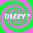 Four identical spiral patterns in green and pink with the text DIZZY? overlaid on each, arranged in a